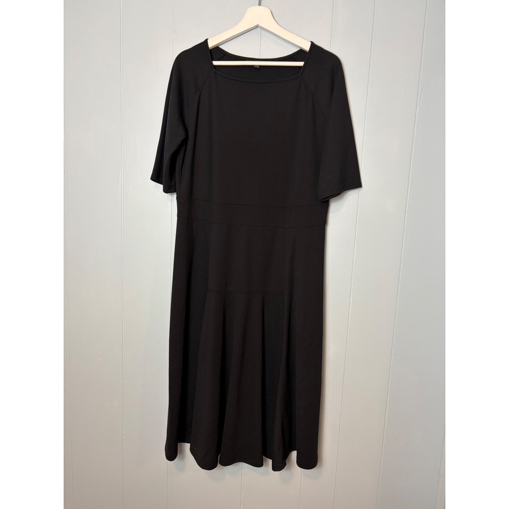Lands' End Womens Black Ponte Knit Square Neck Fit‎ Flare Midi Dress L 14-16